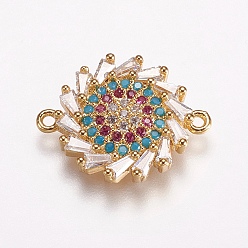 Golden Brass Micro Pave Cubic Zirconia Links, Flower, Colorful, Golden, 19x14.5x3mm, Hole: 0.8mm