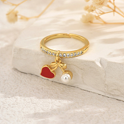 Вишня Женские кольца-пальцы с фруктами и подвеской из латуни с микропаве из кубических цирконий, золотые, вишня, 14x10 мм, внутренний диаметр: 16мм~19мм