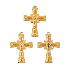 Mixed Color 304 Stainless Steel with Orange Enamel Pendants, with Rhinestone, Cross Charms, Stainless Steel Color, Mixed Color, 35.5x24.5x2.5mm, Hole: 1.4mm