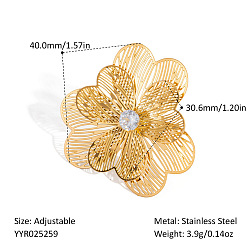 Настоящее золото 18K 304 открытые манжеты из нержавеющей стали, цветок, с кубического циркония, реальный 18 k позолоченный, 40 мм, внутренний диаметр: регулируемый