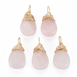 Розовый Кварц Природного розового кварца подвески, с фурнитурой позолоченной латунной, слеза, 24~26x13x8 мм, отверстие : 4~5x2~3 мм