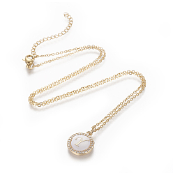 Letter Y Brass Initial Pendant Necklaces, with Shell, Cubic Zirconia and 304 Stainless Steel Cable Chains, Flat Round with Letter, Letter.Y, 17.5 inch(44.5cm), 1.5mm