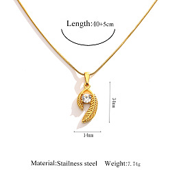 Feather 304 Stainless Steel Crystal Rhinestone Hollow Pendant Necklaces, Golden, Feather, 15.75 inch(40cm), pendant: 34x14mm