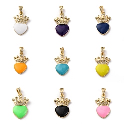 Mixed Color Brass Cubic Zirconia Pendants, with Enamel & Snap on Bail, Real 18K Gold Plated, Long-Lasting Plated, Lead Free & Cadmium Free, Heart & Crown, Mixed Color, 25x14.5x4mm, Snap on Bail: 3.5x7mm, Inner Diameter: 2.5x4mm