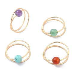 Mixed Stone 4Pcs 4 Style Natural & Synthetic Mixed Gemstone Round Beaded Finger Rings Set, Golden Copper Criss Cross Stackable Rings, US Size 9(18.9mm), 1Pc/style