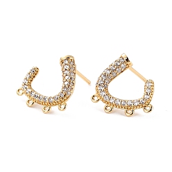 Real 18K Gold Plated Brass Micro Pave Clear Cubic Zirconia Studs Earrings Findings, Cadmium Free & Lead Free, C Shape with Loops, Real 18K Gold Plated, 14.5x13.5x2.5mm, Hole: 0.7mm, Pin: 0.9mm