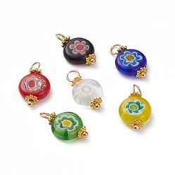 Mixed Color Handmade Millefiori Glass Pendants, with Golden Plated Brass Ball Head pins and Alloy Spacer Beads, Flat Round, Mixed Color, 18x10x4mm, Hole: 3.8mm