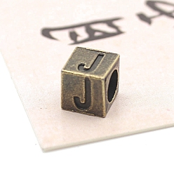 Letter J Европейские бусины из антикварного бронзового сплава, бусины с большим отверстием, куб с письмом, буква J, 7x7x7 мм, отверстие : 5 мм