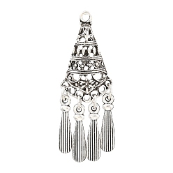 Plata Antigua Colgantes de la aleación de estilo tibetano, Rombo étnico con dijes de borla, plata antigua, 49x17x4 mm, agujero: 2.5 mm