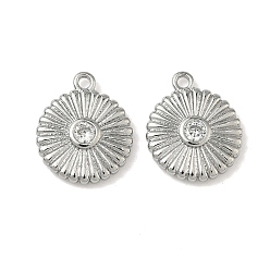 Платинированный Подвески из латуни с микропаве из кубических цирконий с рифленой отделкой, долговечный, плоский круглый шарм, Реальная платина, 15.5x13x3 мм, отверстие : 1.4 мм