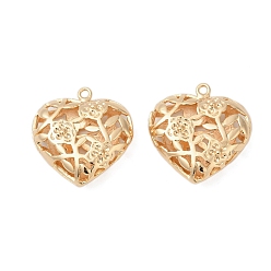 Настоящее золото 18K Латунные подвески, без кадмия, без никеля и без свинца, сердце с цветочным узором, реальный 18 k позолоченный, 25x25x8.5 мм, отверстие : 1.8 мм