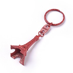 Dark Red Alloy Keychain, with Iron Ring, Eiffel Tower, Dark Red, 98mm