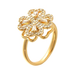 Настоящее золото 18K Вращающееся кольцо на палец с цветком для женщин, без кадмия, без никеля и без свинца, латунные кольца-спиннеры с микро-паве и прозрачным кубическим цирконием, реальный 18 k позолоченный, 15x15 мм, внутренний диаметр: 17 мм