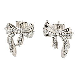 Platinum Brass Stud Earrings, Plastic Imitation Pearl Earrings for Women, Bowknot, Platinum, 21x18mm