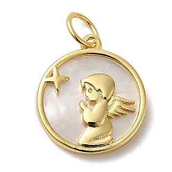 Real 18K Gold Plated Natural Shell Pendants, Rack Plating Brass Prayer Angel Charms, with Jump Ring, Lead Free & Cadmium Free, Real 18K Gold Plated, 17.5x15.5x2.5mm, Hole: 4.5mm