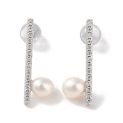 Rectangle Серьги-гвоздики из стерлингового серебра с защитой от потускнения, с натуральным жемчугом и фианитом, украшения для женщин, прямоугольные, 21.5x7.5 мм