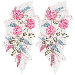 Ярко-Розовый Аппликации из полиэфирного кружева с вышивкой, цветок, швейные принадлежности, с блесток, ярко-розовый, 345x155x9 мм