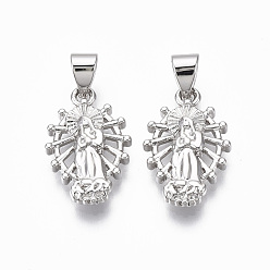 Real Platinum Plated Brass Pendants, Oval with Saint, Nickel Free, Real Platinum Plated, 17.5x11x2.5mm, Hole: 3x4mm