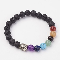 Лавовый камень Эластичные браслеты из вулканического камня и бусин из бисера и драгоценных камней, с тибетского сплава типа головы Будды бисера, 2 дюйм (50~51 мм)