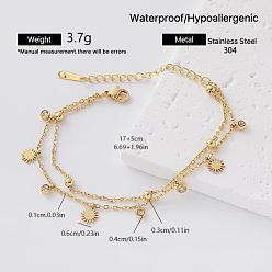 Sol 304 Pulsera de acero inoxidable con borla de circonitas cúbicas transparentes 2 Pulseras de hilo para mujer, dorado, sol, 6.69 pulgada (17 cm)