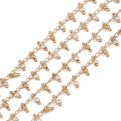 Золотой Латунные круглозвенные цепи, с пластмассовой жемчужиной abs, долговечный, стойки покрытие, без свинца и без кадмия, несварные, ручной работы из бисера цепи, золотые, 3x2x0.5 мм