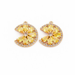 Gold Brass Micro Pave Cubic Zirconia Charms, with Glass, Nickel Free, Real 18K Gold Plated, Flower, Gold, 18x15x3mm, Hole: 1mm