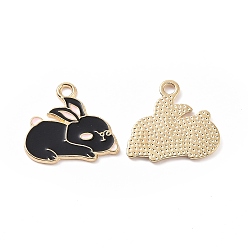 Black Alloy Enamel Pendants, Rabbit Charm, Light Gold, Black, 17.5x18.5x1mm, Hole: 2mm