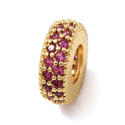 Medium Violet Red Brass Pave Cubic Zirconia European Beads, Large Hole Beads, Flat Round, Golden, Medium Violet Red, 4x10mm, Hole: 4.5mm