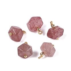 Strawberry Quartz Natural Strawberry Quartz Pendants, Faceted Nuggets Charms, with Golden Tone Brass Findings, 13~15.5x8.5~15x8.5~15mm, Hole: 1.2~1.8mm, about 5pcs/bag