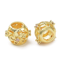 Настоящее золото 18K Реечное покрытие латунь микро паве кубический цирконий европейские бусины, долговечный, без кадмия и без свинца, бусины с большим отверстием, RONDELLE с цветком, реальный 18 k позолоченный, 10.5x8 мм, отверстие : 4.5 мм