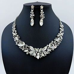 Кристалл Сплава горный хрусталь комплектов ювелирных изделий, включают серьги и ожерелья, слезинка/цветок, платина, кристалл, 440 мм
