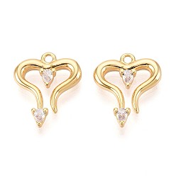Настоящее золото 18K Латунные микро проложить кубического циркония подвески, сердце прелести, долговечный, без никеля , реальный 18 k позолоченный, 15.5x13x2.5 мм, отверстие : 1.4 мм