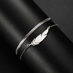 Нержавеющая Сталь Цвет Не тускнеет 304 браслеты из многорядной цепочки из нержавеющей стали с рисунком «елочка», браслеты из перьев для женщин, цвет нержавеющей стали, 6-5/8 дюйм (16.8 см)
