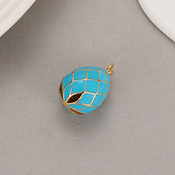 Cyan Alloy Enamel Pendant, Easter Egg Charms, Deep Sky Blue, 22.6x15mm