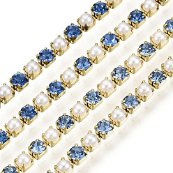 Sapphire Brass Rhinestone Strass Chains, with ABS Plastic Imitation Pearl, Rhinestone Cup Chain, Grade A, Raw(Unplated), Sapphire, 2x2mm, 4000pcs rhinestone/bundle, about 32.8 Feet(10m)/bundle