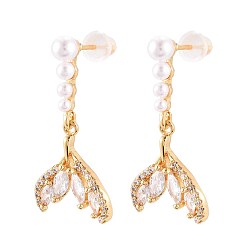 Настоящее золото 18K Серьги-гвоздики с подвесками в форме рыбьего хвоста из латуни с микропаве из прозрачных кубических цирконий, с ABS имитации жемчуга, без никеля , реальный 18 k позолоченный, 27.5x14 мм