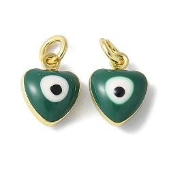 Темно-Зеленый Латунь эмаль прелести, с целью перехода в кольце, без свинца и без кадмия, реальный 18 k позолоченный, сердце с оберегом от сглаза, темно-зеленый, 9x7x4.5 мм, отверстие : 2.2 мм