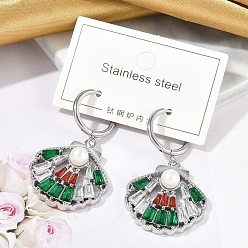 Нержавеющая Сталь Цвет 304 серьги-кольца из нержавеющей стали с микропаве из циркония, с искусственным жемчугом из платины для женщин, формы раковины, цвет нержавеющей стали, 45x25 мм