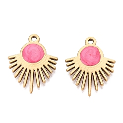 Hot Pink 303 Stainless Steel Enamel Pendants, Sun Charms, Ion Plating(IP), Real 18K Gold Plated, Hot Pink, 26x20.5x3~4mm, Hole: 2mm