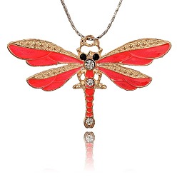 Оранжево-Красный Старинные эмали сплава подвески, со стразами, стрекоза, золотые, оранжево-красный, 42x72.5x5 мм, отверстие : 3 мм