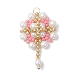Pink Подвески-цветы из стеклянных бус, со стеклянными жемчужными бусинами и 304 соединительными кольцами из нержавеющей стали, реальный 18 k позолоченный, розовые, 32x20x6.5 мм, отверстие : 3 мм