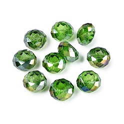 Зеленый лайм Прозрачная запеченная краска стекло европейские бусины, бусины с большим отверстием, с покрытием AB цвета, граненые, рондель, зеленый лайм, 13~14x7.5~8 мм, отверстие : 5.5~6 мм