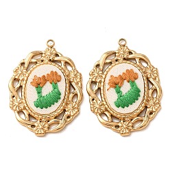 Dark Orange 304 Stainless Steel & Cloth Embroidered Pendants, Oval with Flower Charms, Ion Plating(IP), Long-Lasting Plated, Real 18K Gold Plated, Dark Orange, 33.5x25x3.5mm, Hole: 1.9mm