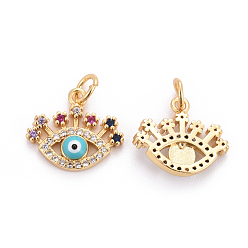 Golden Brass Micro Pave Cubic Zirconia Charms, with Enamel and Jump Rings, Evil Eye, Colorful, Golden, 13x15x3.5mm, Hole: 3mm