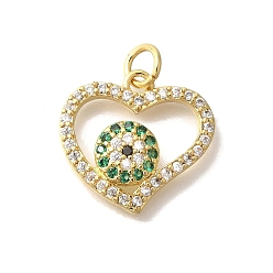 Настоящее золото 18K Латунные микропаве прозрачные подвески с фианитом, сердце прелести, с целью перехода в кольце, реальный 18 k позолоченный, 16.5x18x3.5 мм, отверстие : 3 мм