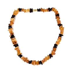 Golden Natural Amber Chip Beaded Necklaces, with Brass Clasps, Golden, 20.28 inch(51.5cm)