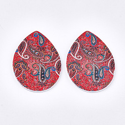 Colorful Printed Wooden Big Pendants, Dyed, teardrop, Colorful, 64.5x46x2.5mm, Hole: 1.2mm
