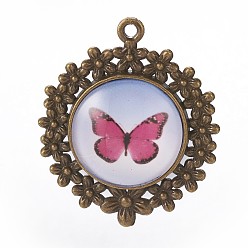 Deep Pink Alloy Glass Pendants, Flat Round with Butterfly Pattern, Nickel Free, Antique Bronze, Deep Pink, 49x41x6mm, Hole: 3mm