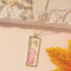 Бледно-Розовый Прямоугольник с внутренним цветком из смолы подвеска железный трос цепочка ожерелье для женщин, золотые, розовый жемчуг, 17.72 дюйм (45 см)