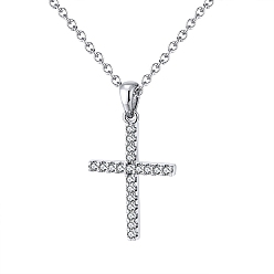 Real Platinum Plated 925 Sterling Silver Micro Pave 3A Clear Cubic Zirconia Pendants, Religion Cross Charms, without Necklace, Rhodium Plated, Real Platinum Plated, 28x28mm
